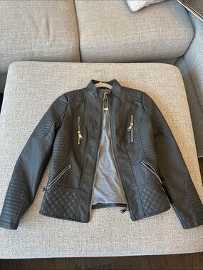 Womens Grey Quilted Faux Leather Jacket